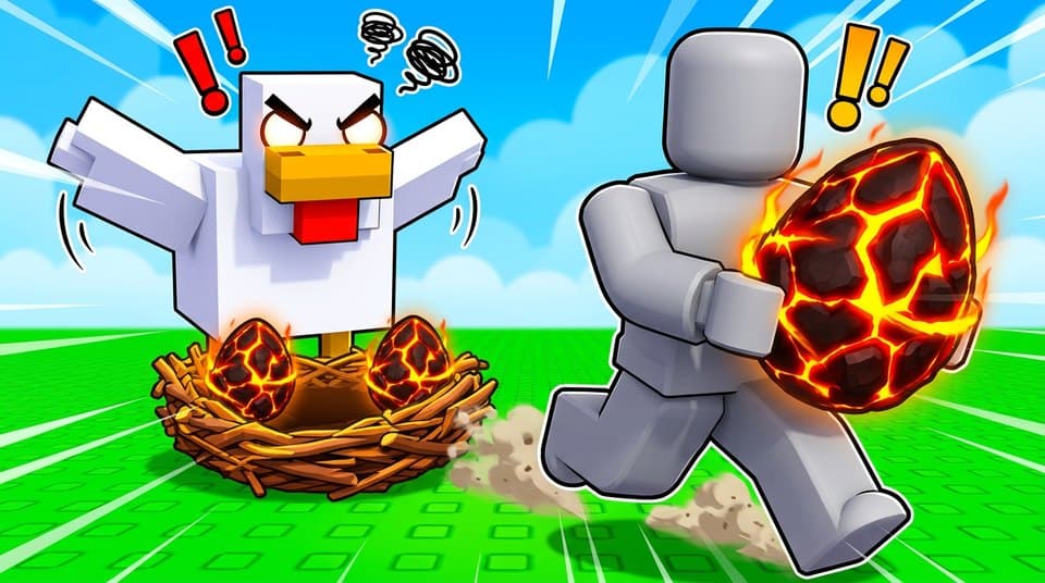 Roblox thumbnail made in the Roblox studio: a blocky avatar running off with a lava egg from a chicken