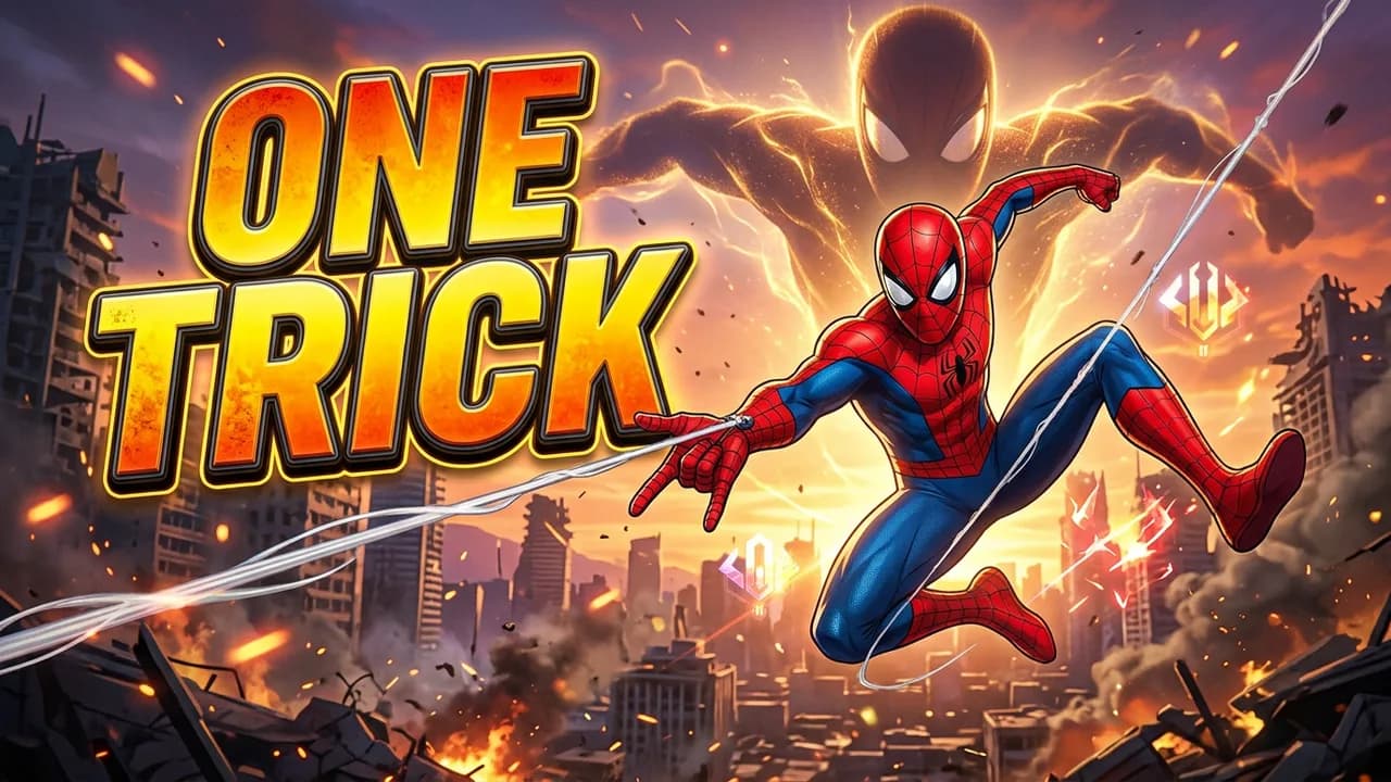 The same scene turned into a ONE TRICK ranked climb thumbnail with Spider-Man mid web swing over a ruined city