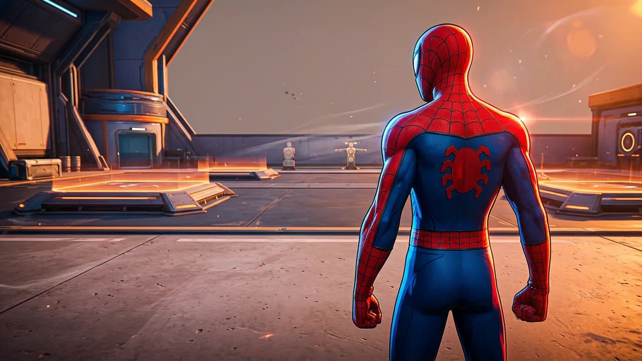 Spider-Man seen from behind, standing idle in the Marvel Rivals practice range