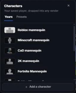 LaunchLens Character picker listing saved characters and an Add a character button