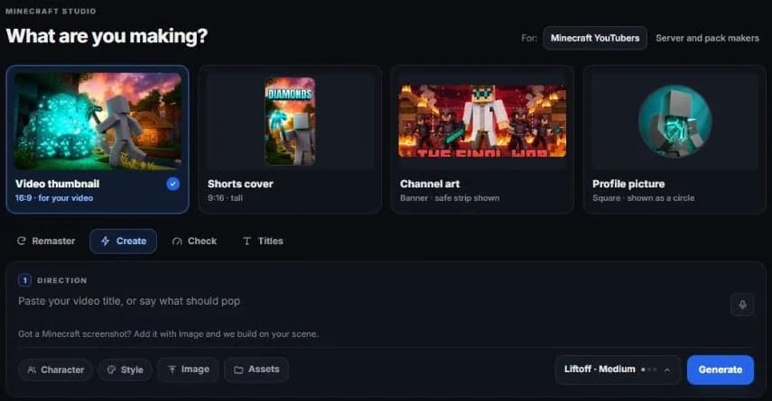 LaunchLens Minecraft studio with Video thumbnail selected and the Direction box below