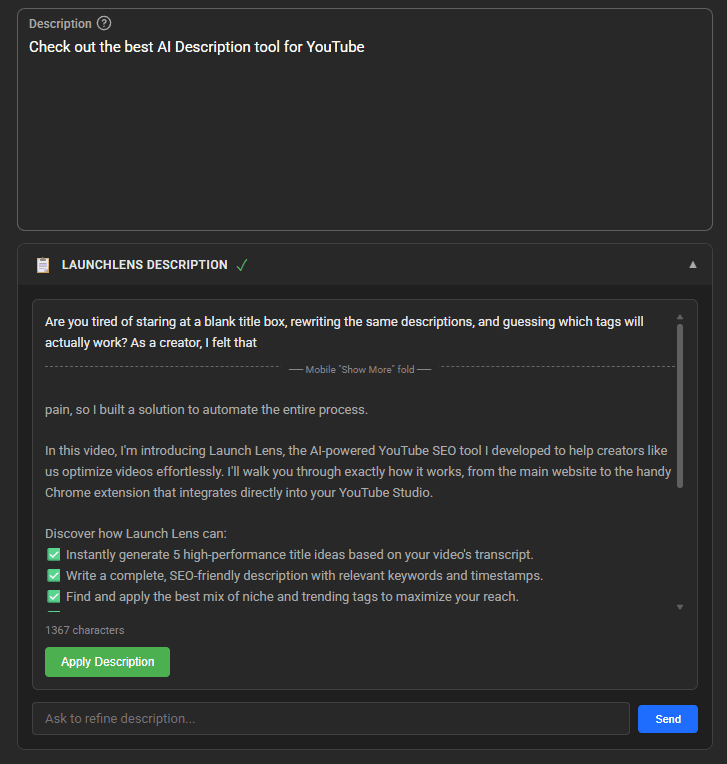 LaunchLens AI Description showing full SEO-optimized YouTube description with timestamps