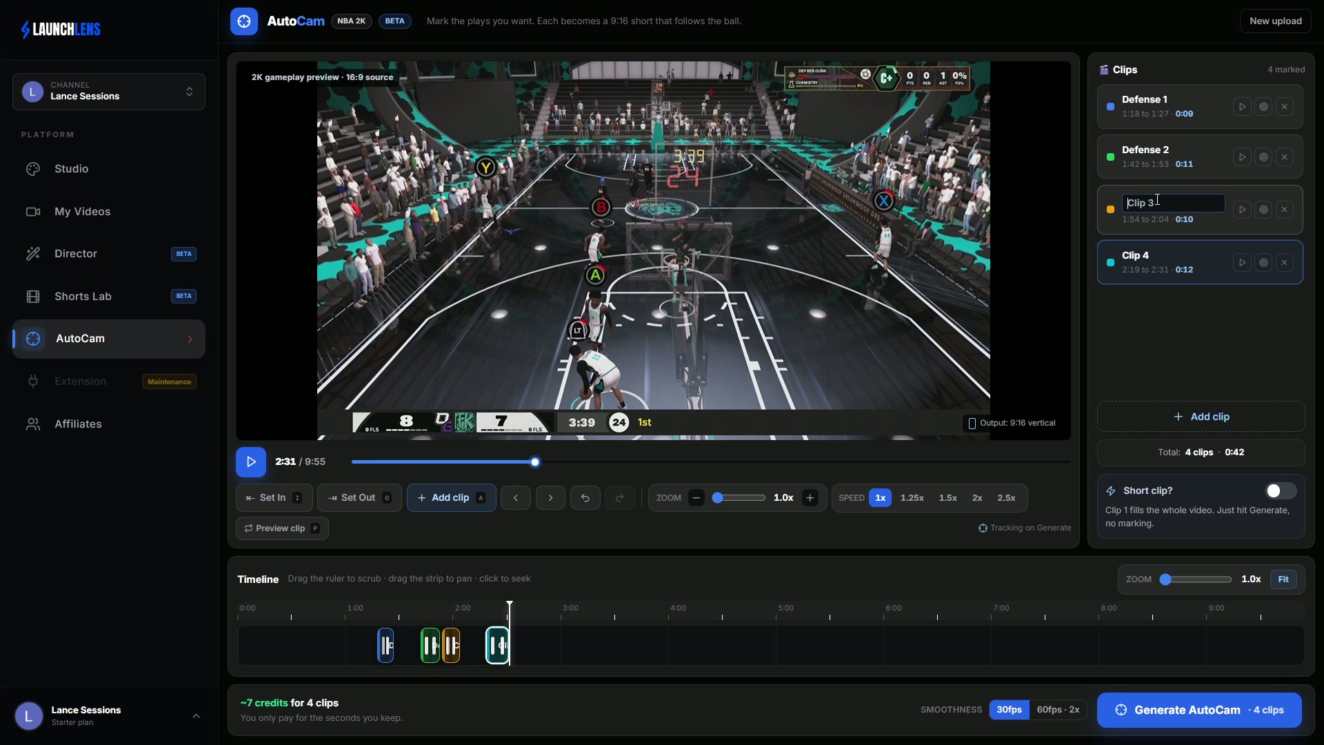 The AutoCam editor with four clips marked on the timeline, ready to generate