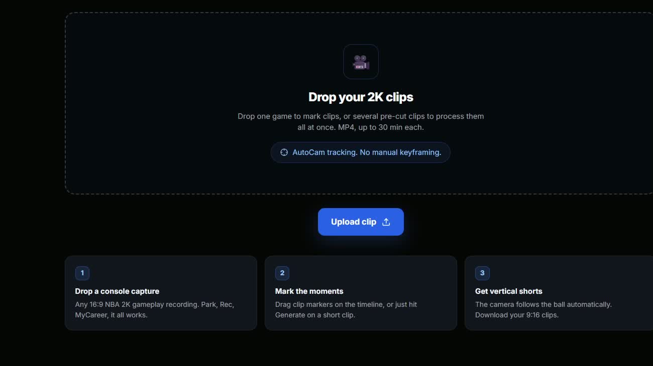 The AutoCam upload screen: drop your 2K clips