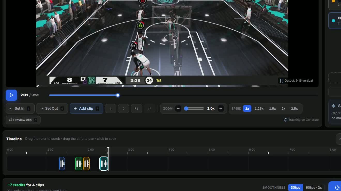 Marking plays on the AutoCam timeline with Set In and Set Out