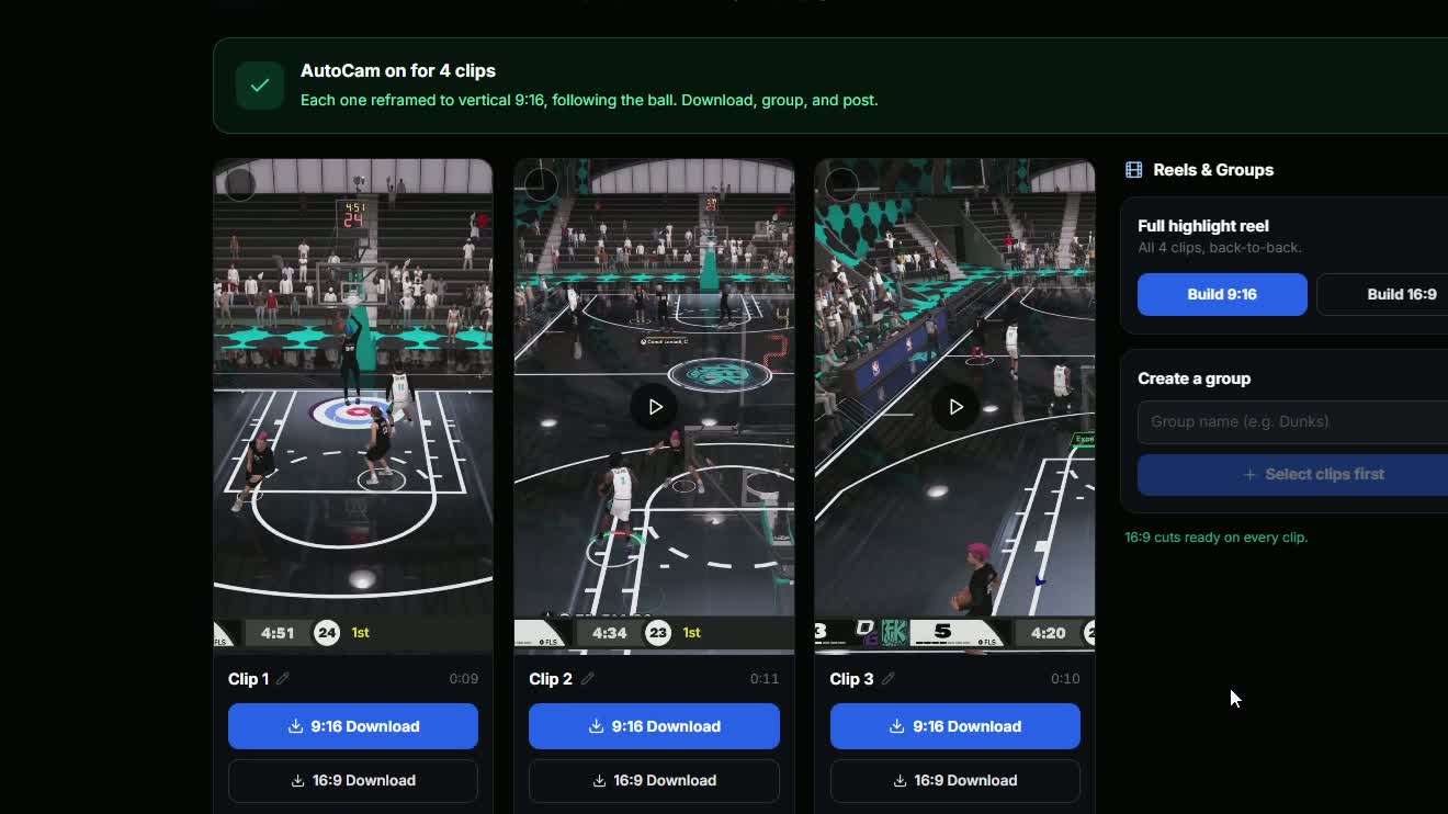 The AutoCam output: vertical 9:16 clips ready to download, group, and post