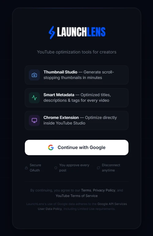 LaunchLens signup screen showing Google sign-in only, with no card field