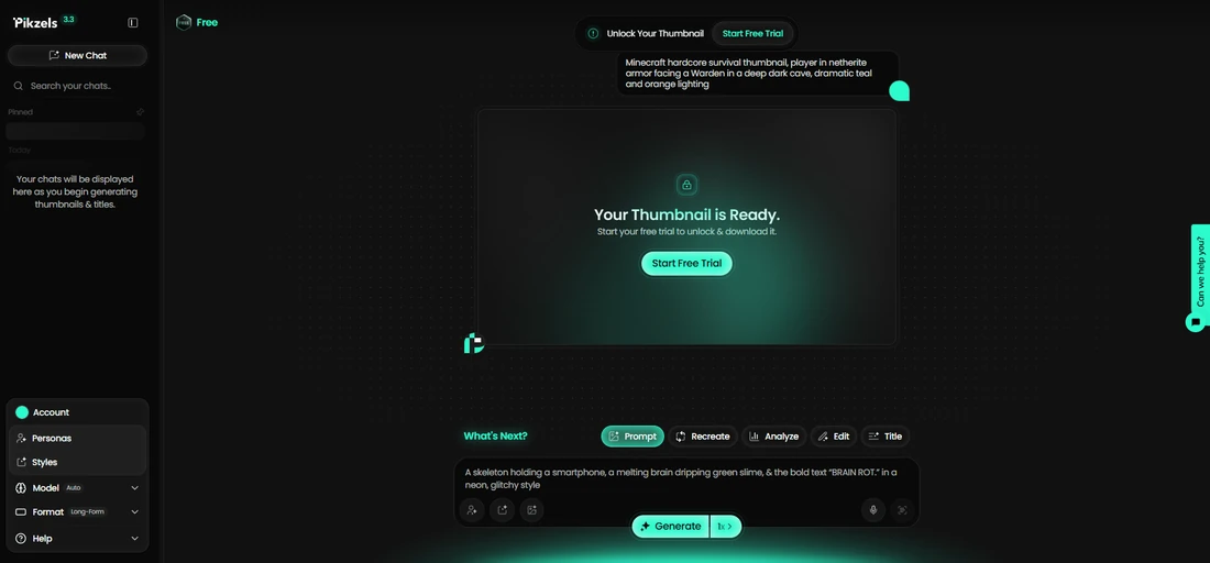 Pikzels result screen showing the generated thumbnail blurred until a trial is started