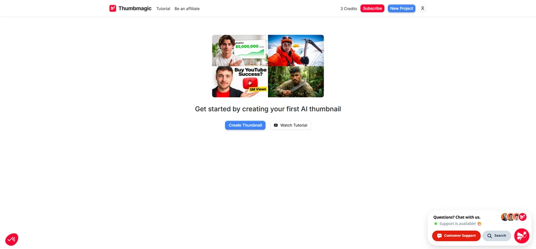 Thumbmagic app home on a fresh account showing 3 free credits